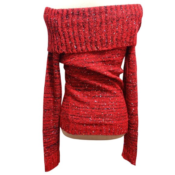 No Boundaries M Red Sequin Cowl Neck Sweater Shimmer Knit Off Shoulder Holiday - Picture 10 of 12